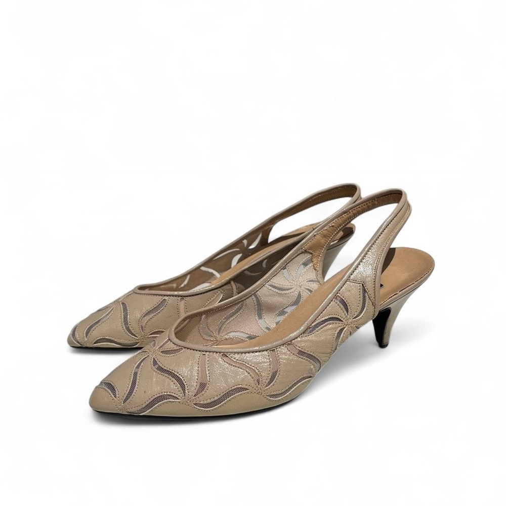 Tan Slingback Kitten Heels with Geometric Pattern